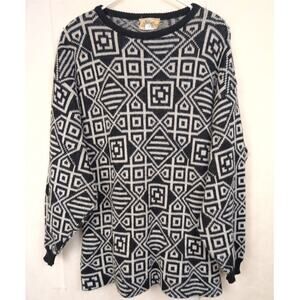 Vintage Amita wool black and white geometric peplum sweater Size L 80s Retro